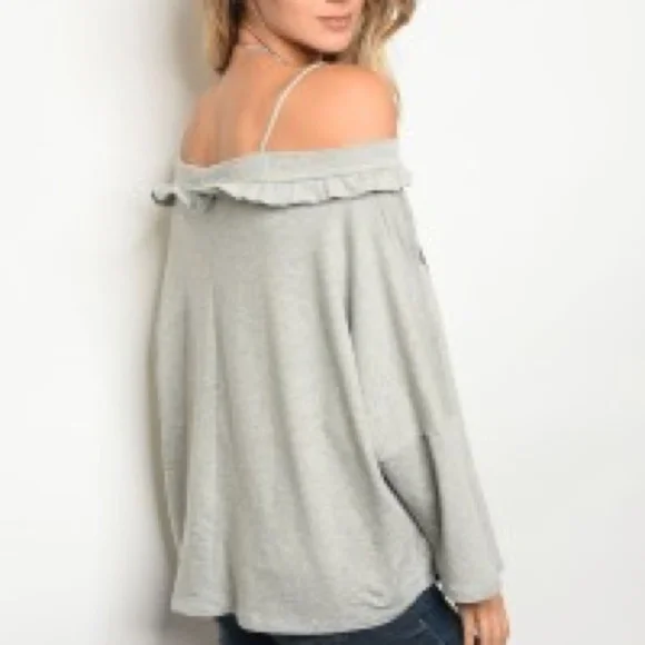 Heather Gray Ruffle Off Shoulder Top - Picture 2 of 3